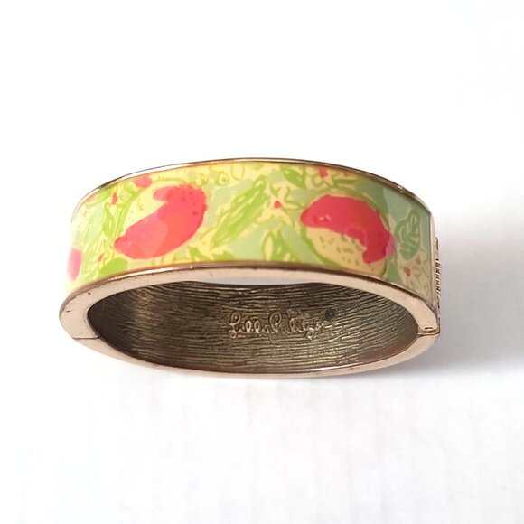 Lilly Pulitzer Pink Lemonade Boca Bangle Bracelet Goldtone Hinged Pink Green - Picture 3 of 6